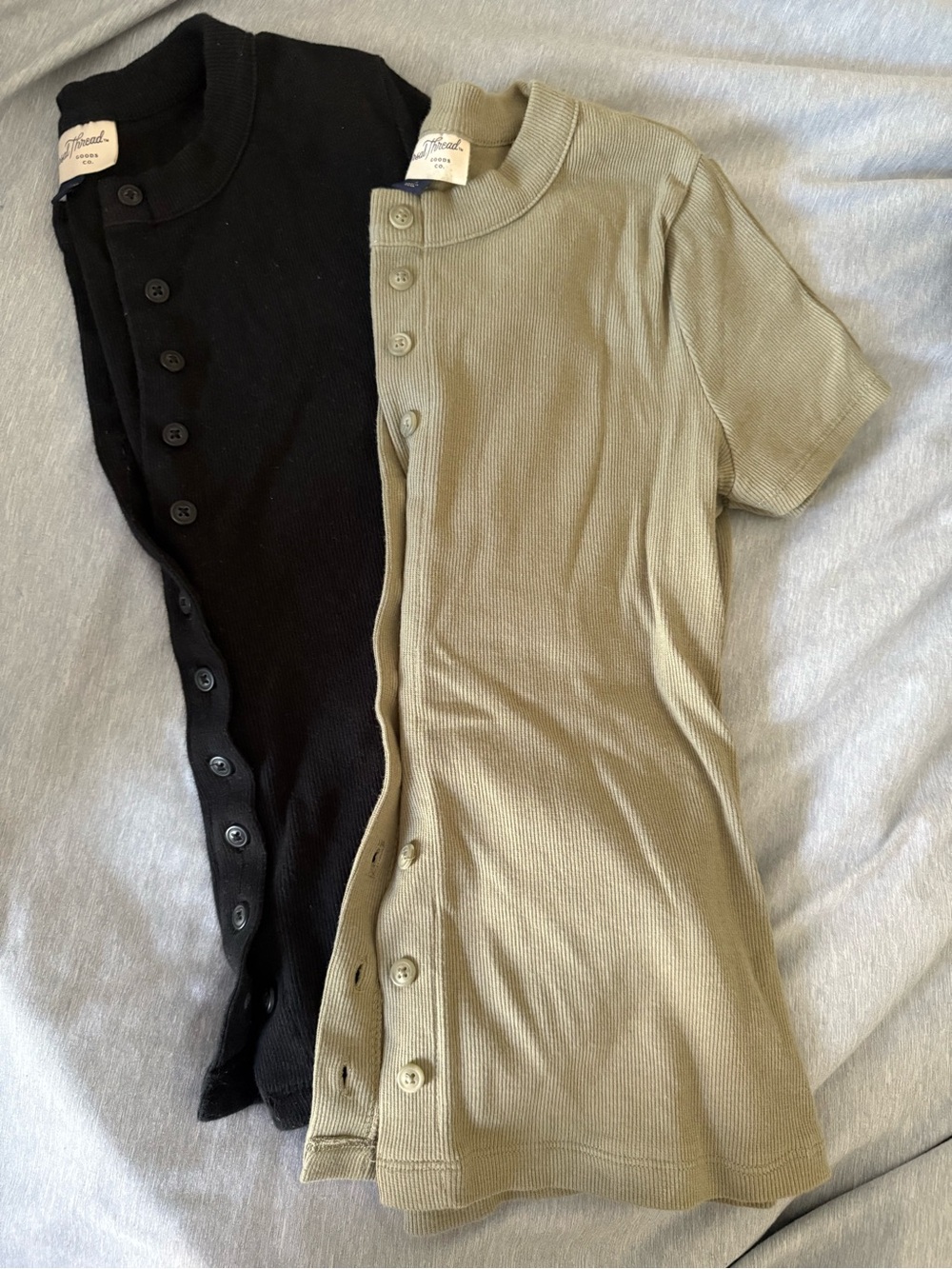 Lot of 2 Ribbed Button-Down Short Sleeve Tops - Black & Olive